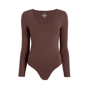 nuuds Long Sleeve Scoop Neck Bodysuit Size L Coffee Brown Stretch Casual Comfort